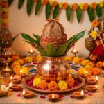 नवरात्रि में स्थापित कलश, आम्र पत्तों और नारियल के साथ पूजा स्थल