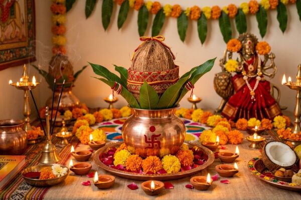 नवरात्रि में स्थापित कलश, आम्र पत्तों और नारियल के साथ पूजा स्थल