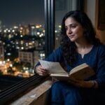“खिड़की के पास बैठी भावुक महिला”