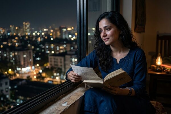 “खिड़की के पास बैठी भावुक महिला”