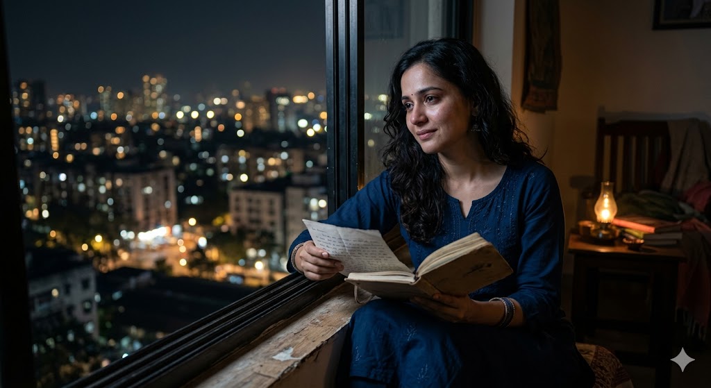 “खिड़की के पास बैठी भावुक महिला”