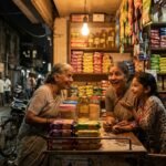 घर की राशन दुकान पर बातचीत करती लड़की और बुजुर्ग महिला का दृश्य