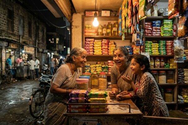 घर की राशन दुकान पर बातचीत करती लड़की और बुजुर्ग महिला का दृश्य