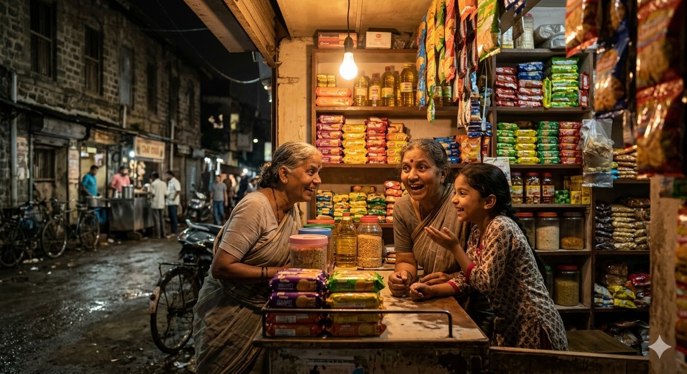 घर की राशन दुकान पर बातचीत करती लड़की और बुजुर्ग महिला का दृश्य