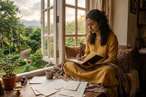 खिड़की के पास बैठा व्यक्ति डायरी में कविता लिखते हुए, आसपास शांत वातावरण और रचनात्मक माहौल