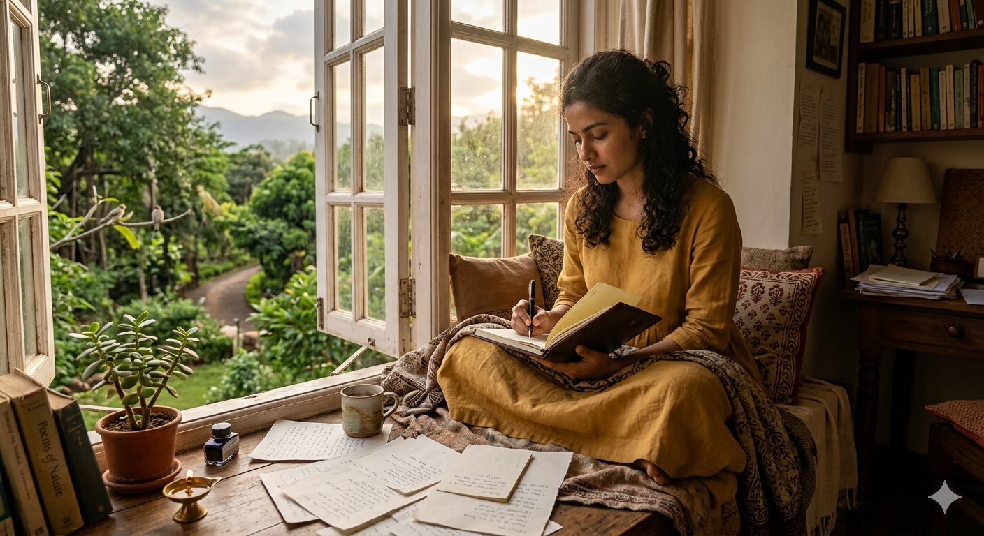 खिड़की के पास बैठा व्यक्ति डायरी में कविता लिखते हुए, आसपास शांत वातावरण और रचनात्मक माहौल