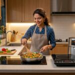 Induction cooktop being used for cooking vegetables as an alternative to LPG gas stove
