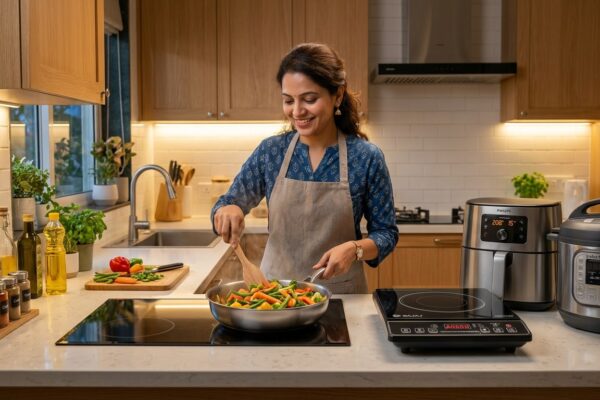 Induction cooktop being used for cooking vegetables as an alternative to LPG gas stove