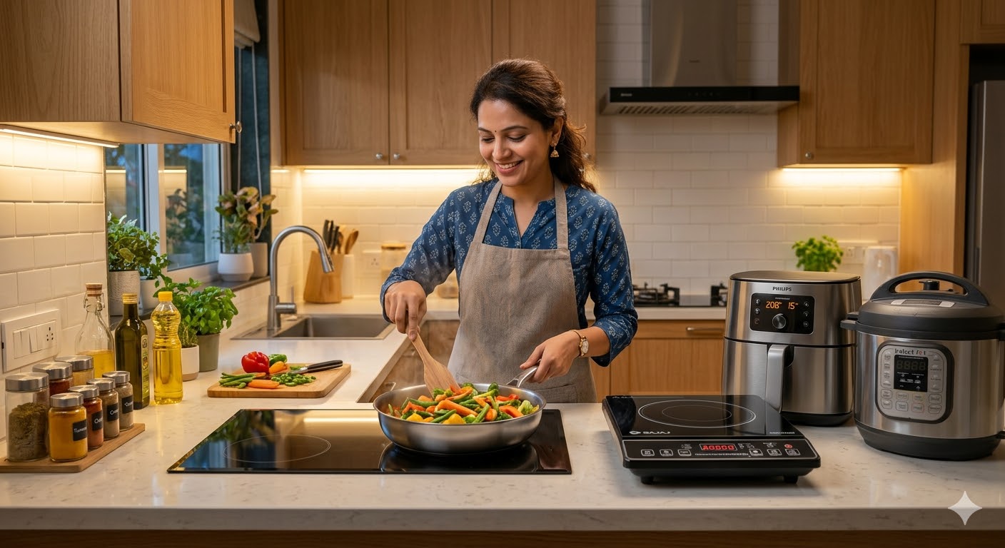 Induction cooktop being used for cooking vegetables as an alternative to LPG gas stove