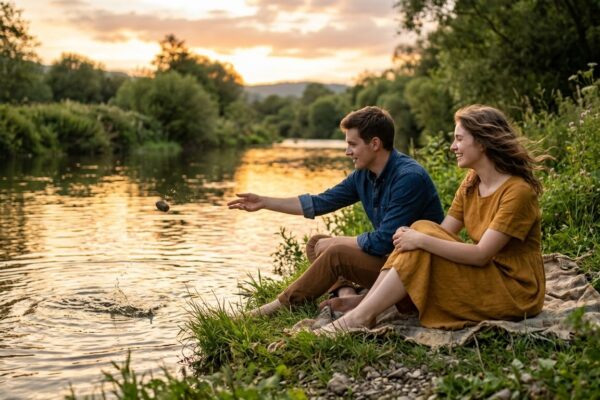 नदी किनारे बैठे एक युवक और युवती के बीच भावनात्मक बातचीत और प्रेम का शांत दृश्य