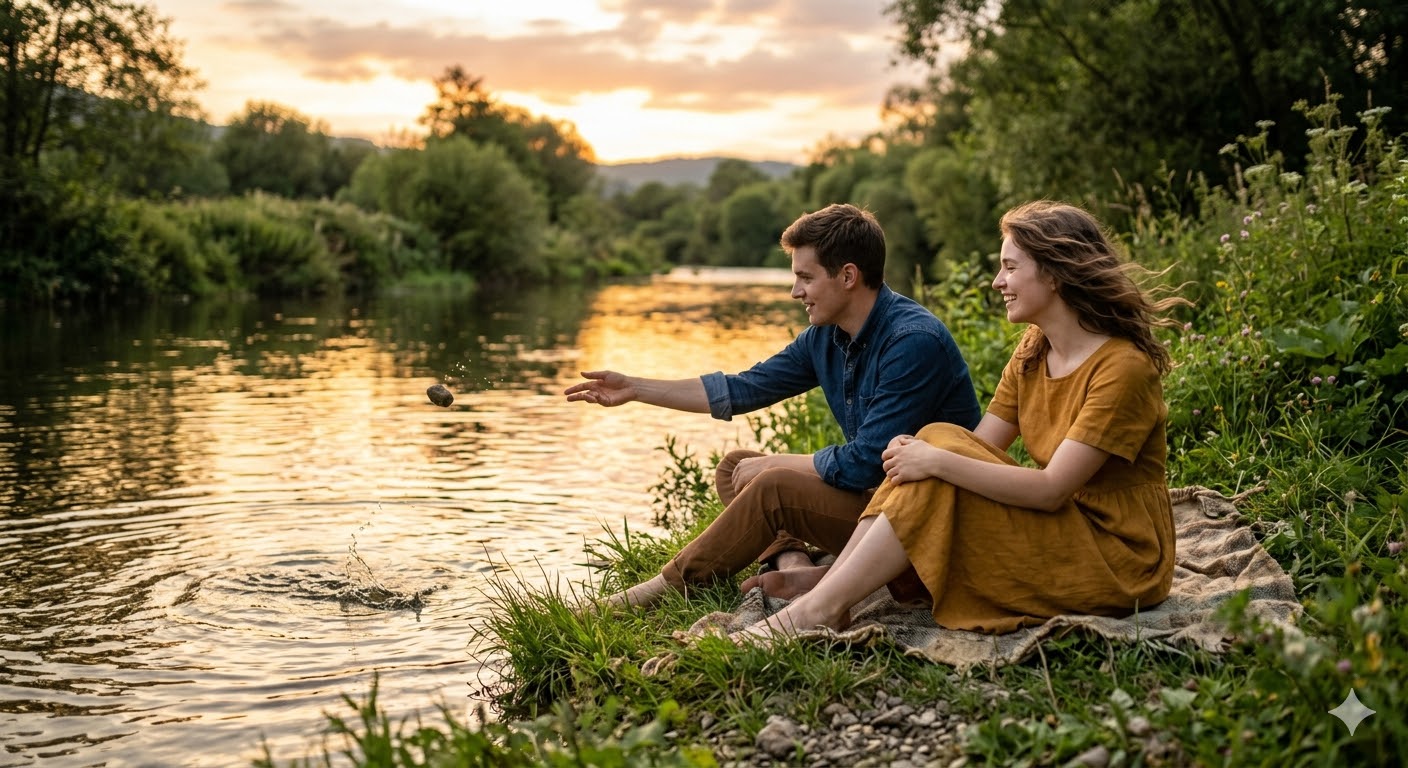 नदी किनारे बैठे एक युवक और युवती के बीच भावनात्मक बातचीत और प्रेम का शांत दृश्य