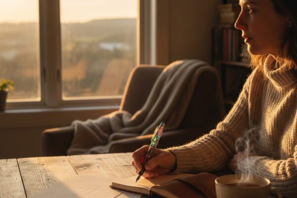 सफेद पन्नों पर रंगीन कलम से लिखता हुआ व्यक्ति, खिड़की से आती हल्की धूप और प्रेरणादायक माहौल
