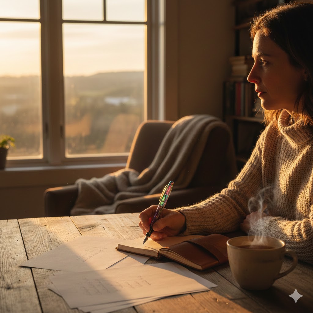 सफेद पन्नों पर रंगीन कलम से लिखता हुआ व्यक्ति, खिड़की से आती हल्की धूप और प्रेरणादायक माहौल