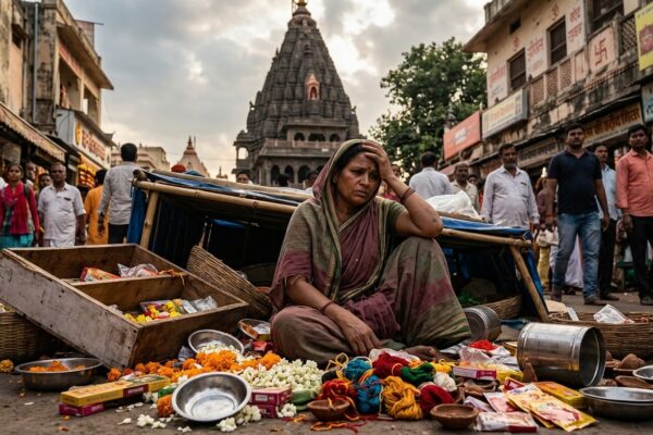 उज्जैन के महाकाल मंदिर क्षेत्र में महिला की दुकान में तोड़फोड़ का दृश्य