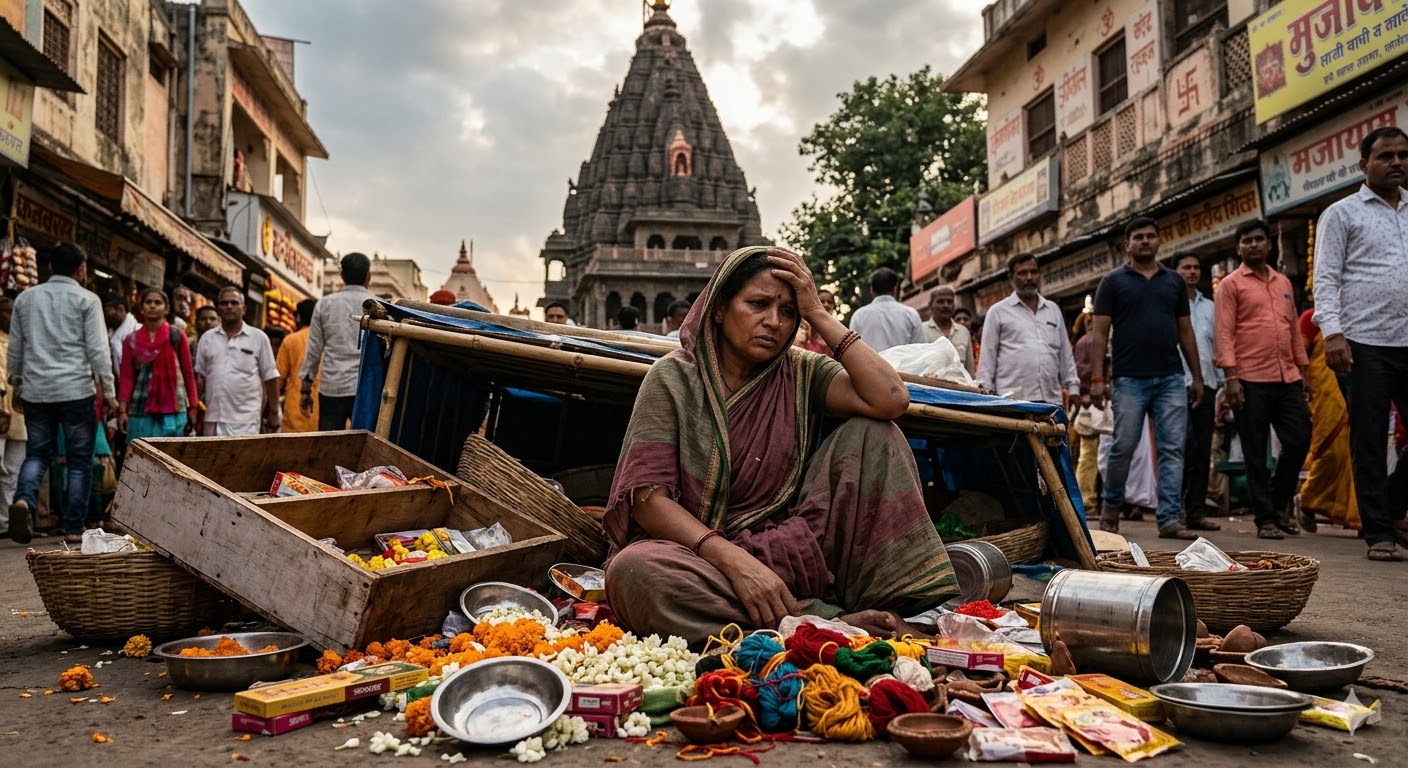 उज्जैन के महाकाल मंदिर क्षेत्र में महिला की दुकान में तोड़फोड़ का दृश्य