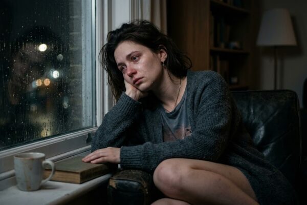 खिड़की के पास बैठा व्यक्ति, मन की थकान और अकेलेपन को दर्शाता दृश्य