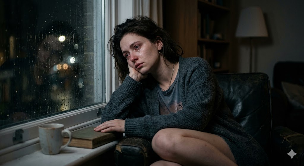 खिड़की के पास बैठा व्यक्ति, मन की थकान और अकेलेपन को दर्शाता दृश्य