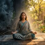 एक व्यक्ति ध्यान में बैठा हुआ, अंधकार से प्रकाश की ओर बदलता वातावरण, आत्मचिंतन का प्रतीक
