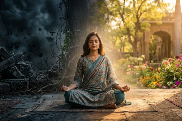 एक व्यक्ति ध्यान में बैठा हुआ, अंधकार से प्रकाश की ओर बदलता वातावरण, आत्मचिंतन का प्रतीक