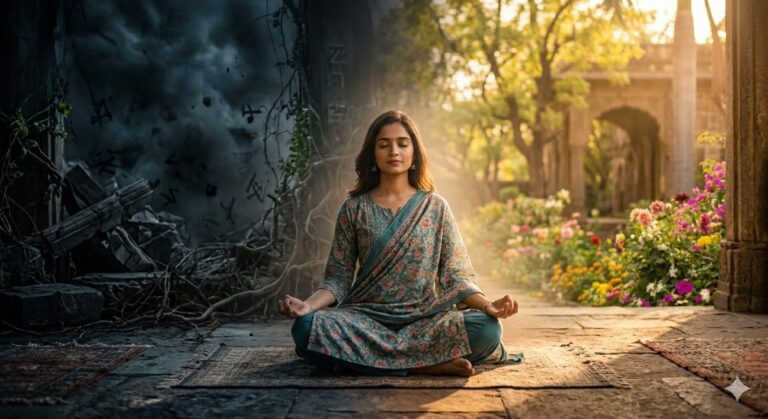 एक व्यक्ति ध्यान में बैठा हुआ, अंधकार से प्रकाश की ओर बदलता वातावरण, आत्मचिंतन का प्रतीक