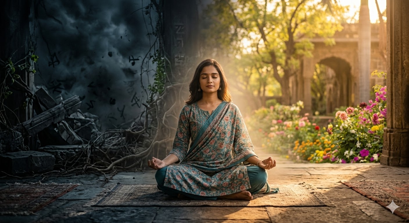 एक व्यक्ति ध्यान में बैठा हुआ, अंधकार से प्रकाश की ओर बदलता वातावरण, आत्मचिंतन का प्रतीक