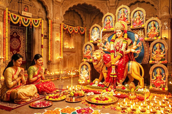 नवरात्रि में माँ दुर्गा की पूजा का दृश्य
