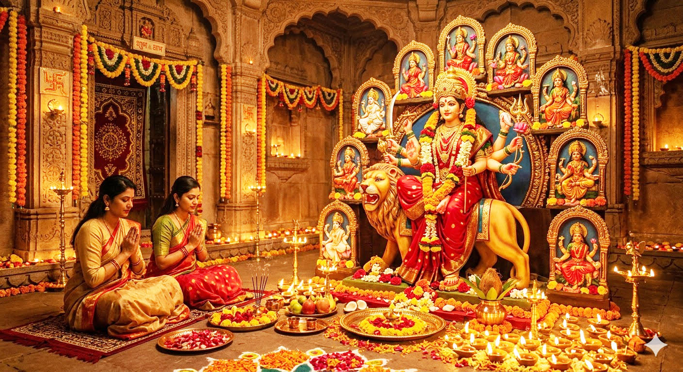 नवरात्रि में माँ दुर्गा की पूजा का दृश्य