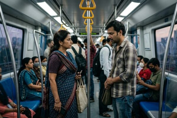 “मेट्रो में भावनात्मक सामना करती महिला”