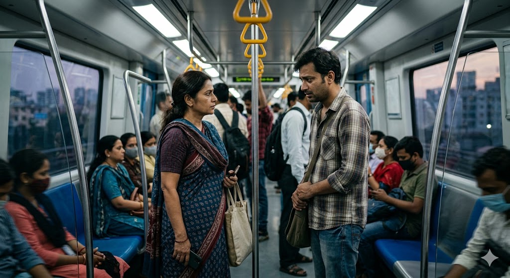 “मेट्रो में भावनात्मक सामना करती महिला”