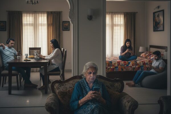 मोबाइल फोन में व्यस्त परिवार के सदस्य, एक ही घर में अलग-अलग कमरों में स्क्रीन देखते हुए लोग