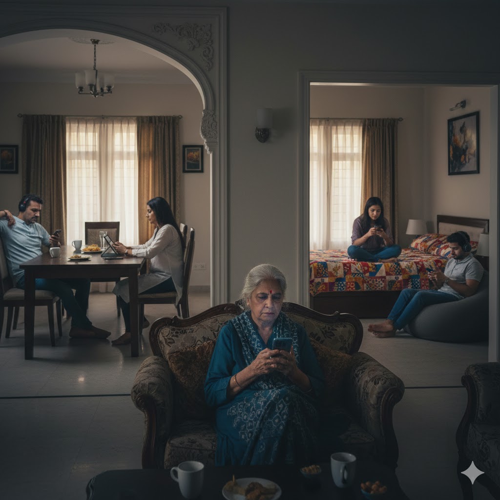 मोबाइल फोन में व्यस्त परिवार के सदस्य, एक ही घर में अलग-अलग कमरों में स्क्रीन देखते हुए लोग