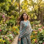बसंत के मौसम में खिले फूलों और हरियाली के बीच खड़ी एक मुस्कुराती महिला