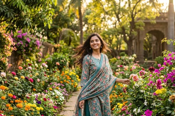 बसंत के मौसम में खिले फूलों और हरियाली के बीच खड़ी एक मुस्कुराती महिला