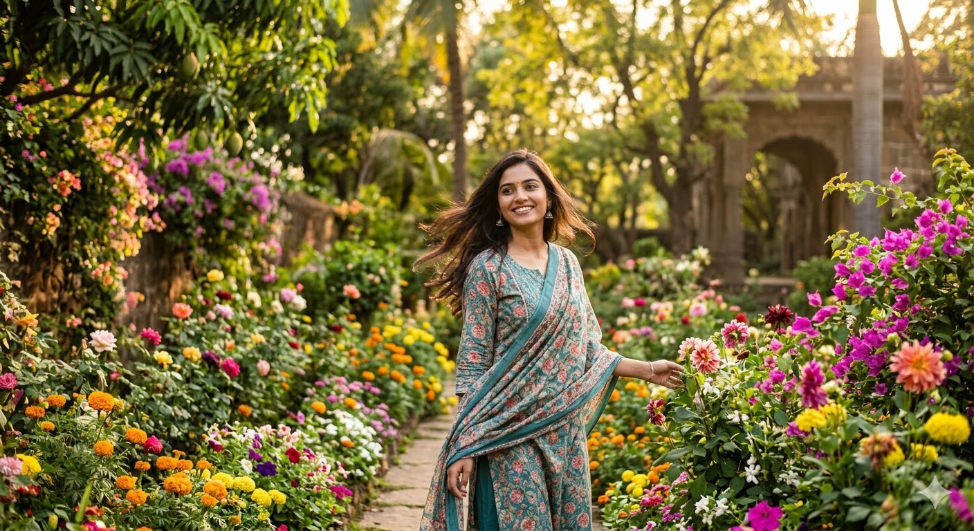 बसंत के मौसम में खिले फूलों और हरियाली के बीच खड़ी एक मुस्कुराती महिला