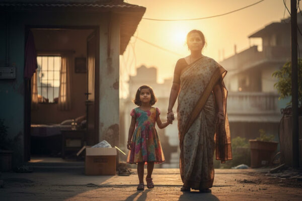 अपनी बेटी का हाथ थामे आत्मविश्वास से आगे बढ़ती माँ, नए शहर की पृष्ठभूमि में उगता सूरज