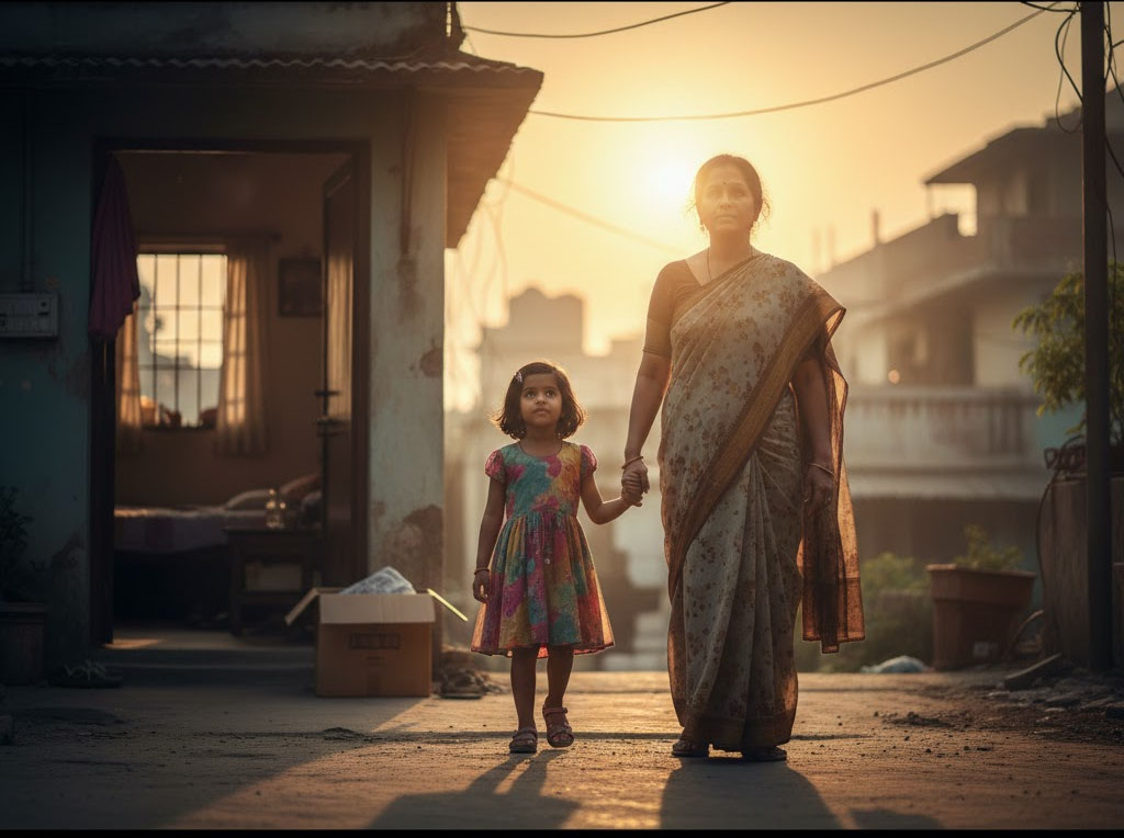 अपनी बेटी का हाथ थामे आत्मविश्वास से आगे बढ़ती माँ, नए शहर की पृष्ठभूमि में उगता सूरज