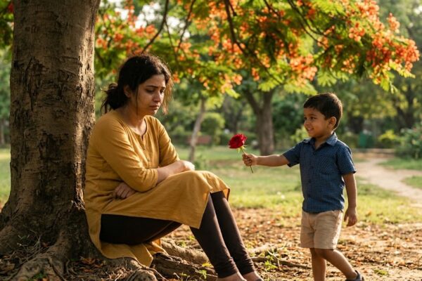 पार्क में पेड़ के नीचे बैठी उदास युवती को एक छोटा बच्चा गुलाब देता हुआ, मासूम मुस्कान से सुकून देता भावनात्मक दृश्य