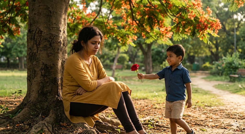 पार्क में पेड़ के नीचे बैठी उदास युवती को एक छोटा बच्चा गुलाब देता हुआ, मासूम मुस्कान से सुकून देता भावनात्मक दृश्य
