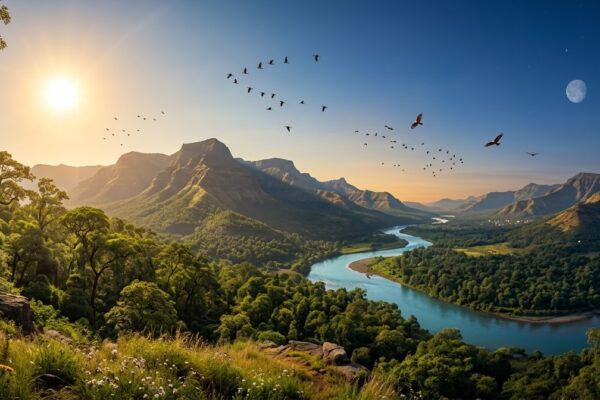 हरी-भरी प्रकृति, बहती नदी, पर्वत और आकाश के साथ सृष्टि की सुंदरता को दर्शाता यथार्थवादी दृश्य