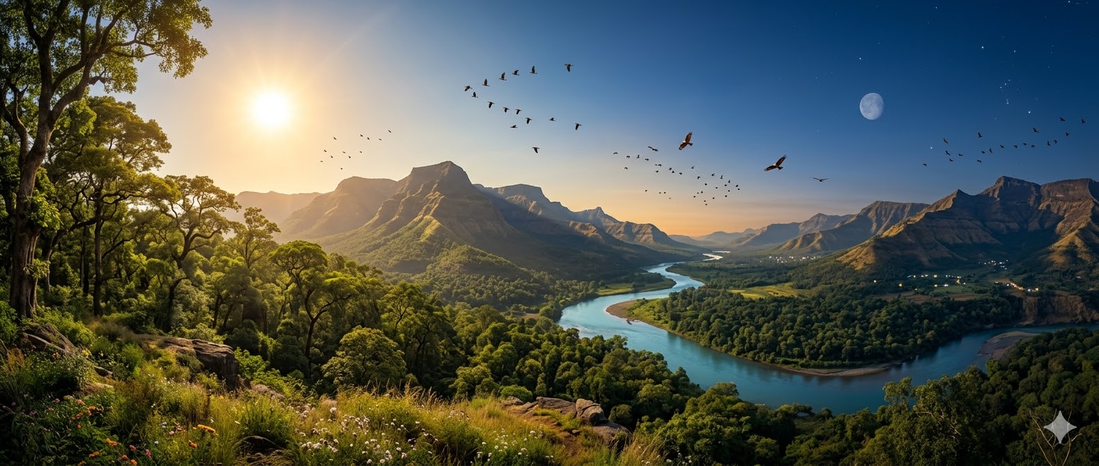 हरी-भरी प्रकृति, बहती नदी, पर्वत और आकाश के साथ सृष्टि की सुंदरता को दर्शाता यथार्थवादी दृश्य