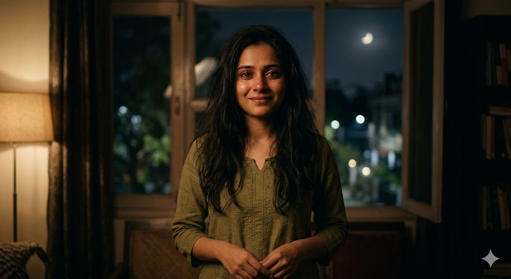 अल्हड़-सी मुस्कुराती भारतीय लड़की, चेहरे पर हल्की मुस्कान लेकिन आंखों में छुपा दर्द, रात का शांत वातावरण और भावनात्मक माहौल