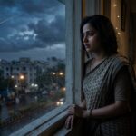 रात के अंधेरे में आसमान से टूटता तारा और खिड़की के पास खड़ी उदास लड़की