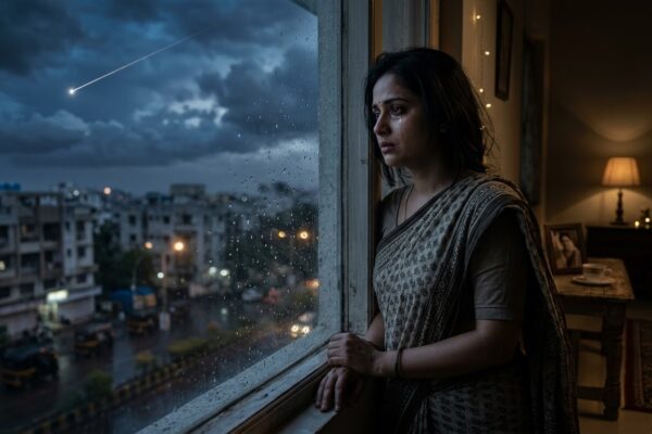 रात के अंधेरे में आसमान से टूटता तारा और खिड़की के पास खड़ी उदास लड़की