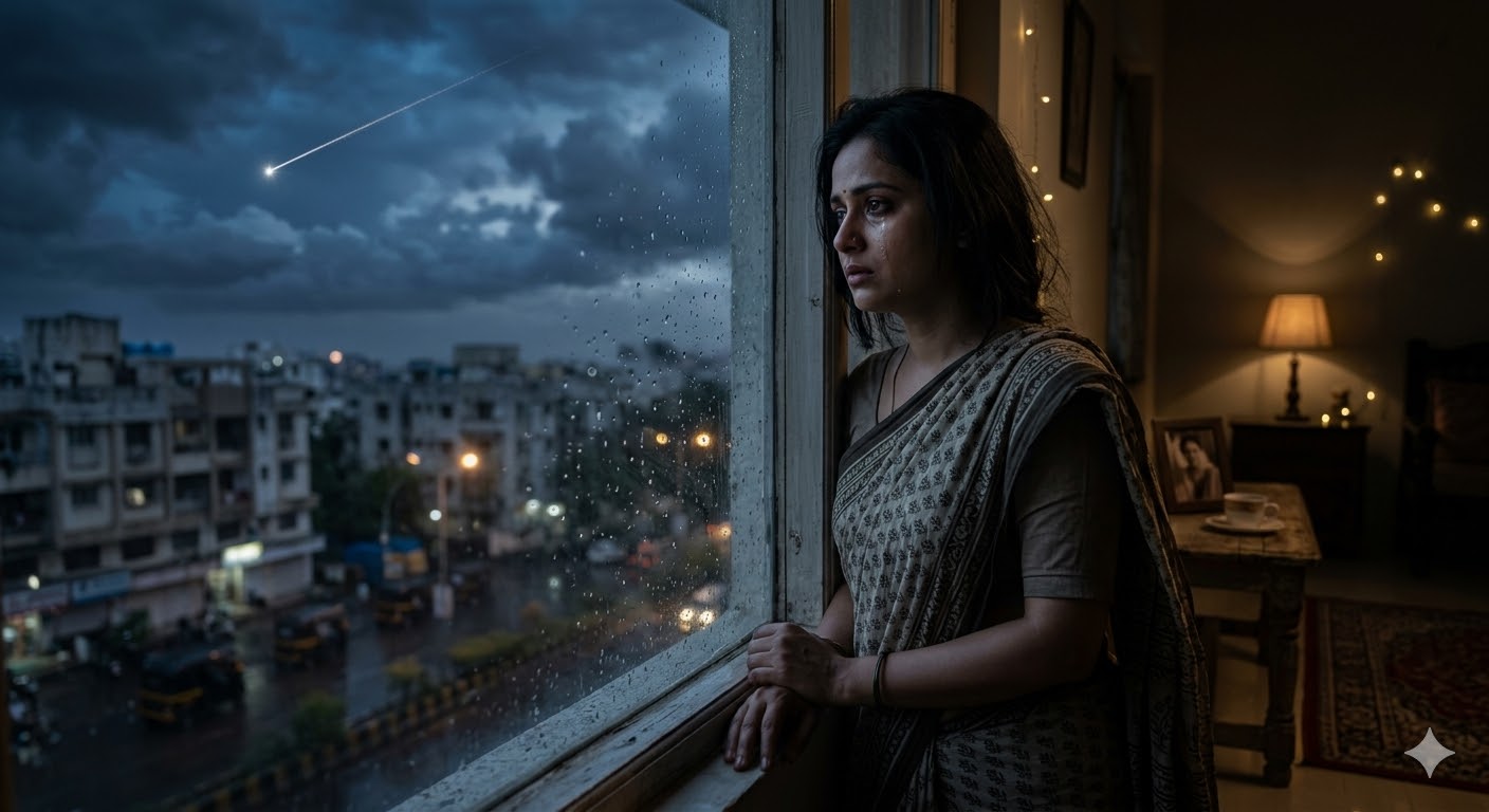 रात के अंधेरे में आसमान से टूटता तारा और खिड़की के पास खड़ी उदास लड़की