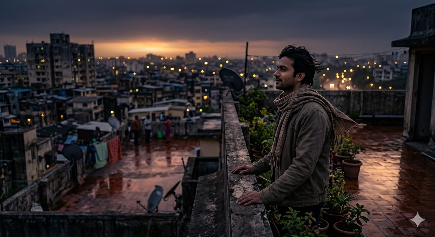 अंधेरे में खड़ा एक शख्स, दूर उगता सूरज और भावनात्मक माहौल, इश्क और दर्द का प्रतीक