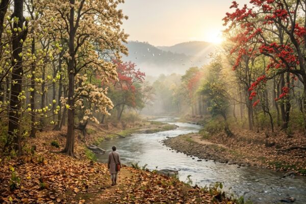 प्रकृति के बीच बहती नदी, पलाश के फूल और जीवन के प्रवाह को दर्शाता शांत दृश्य