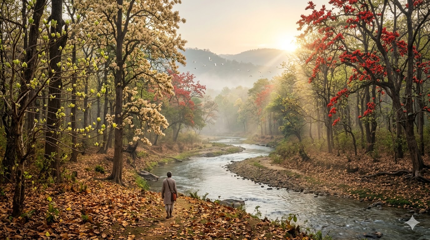 प्रकृति के बीच बहती नदी, पलाश के फूल और जीवन के प्रवाह को दर्शाता शांत दृश्य