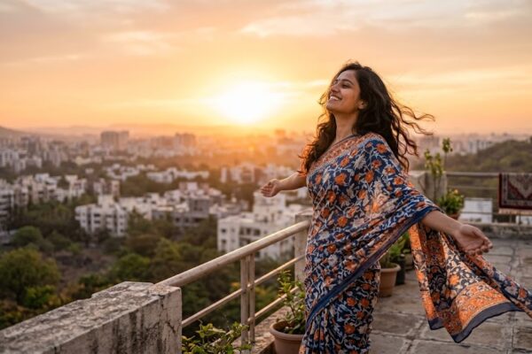 छत पर खड़ी आत्मविश्वासी भारतीय महिला”