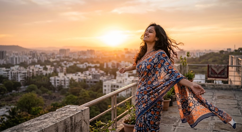 छत पर खड़ी आत्मविश्वासी भारतीय महिला”