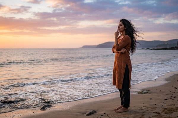 समुद्र किनारे अकेला पथिक दूर क्षितिज की ओर देखता हुआ